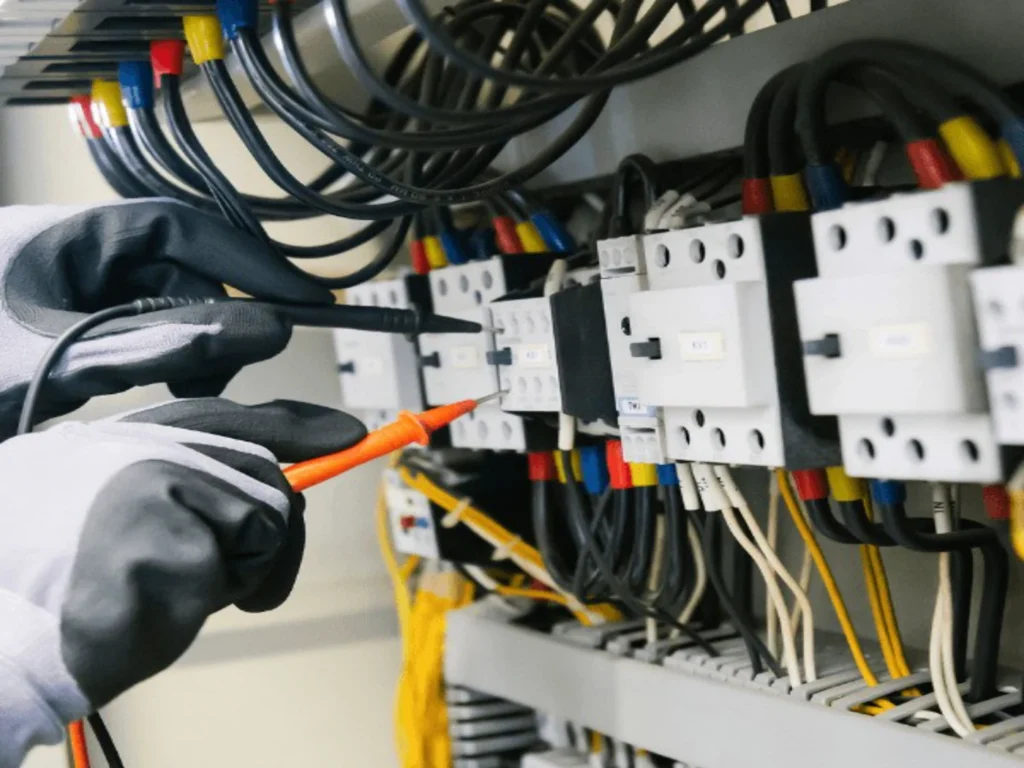 Electrician testing circuit breakers while troubleshooting an electrical panel