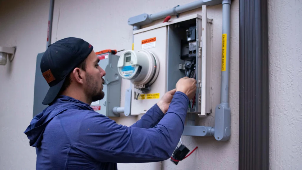 Electrician servicing a residential electric meter and service panel